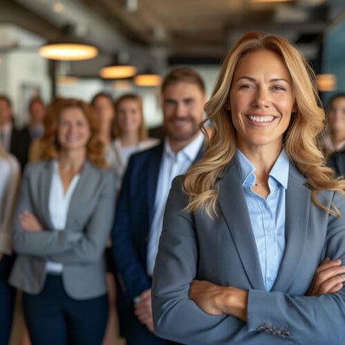 a woman is standing in front of a group of business people A whitecollar worker is smiling while standing in front of a group of business people, wearing a dress shirt and tie. She is making a gesture in her formal wear at a corporate event